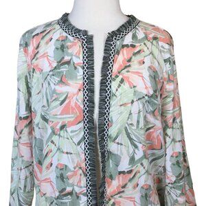 Chicos Havana Fringe Trim Linen Blend Jacket Pastel Greens Peaches White MD 12